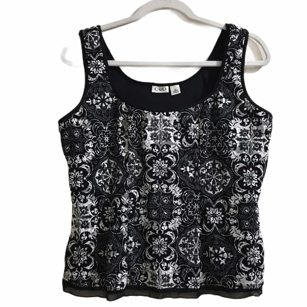 CATO Lace Tank Top Shell Cami Snow Flake Boat Neck Steampunk Size XL Stretch